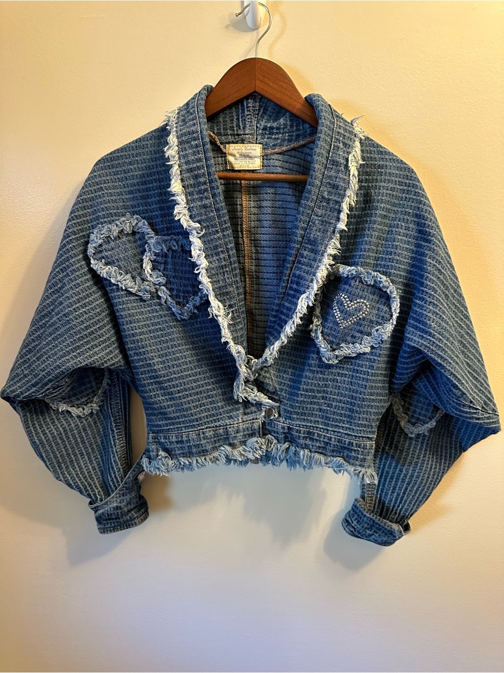#364 Simply Barbara Cropped Blue Denim Jacket with Heart Appliqués